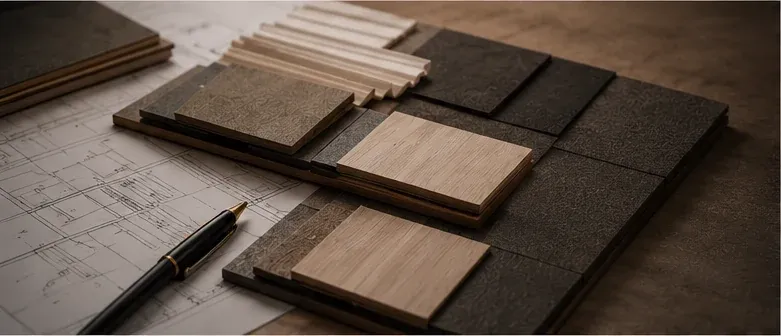 Materialmuster und Baupläne auf einem Tisch